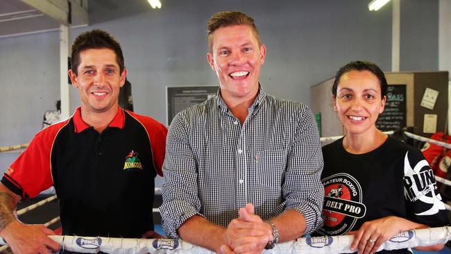 Fight organiser Peter Morrison from Network Kokoda, Soldier On ambassador and ex Australian Commando Damien Tomlinson, and fight promoter and PUNCH Blackbelt Pro Gym owner Cindy Boniface. Picture: Phil Rogers.