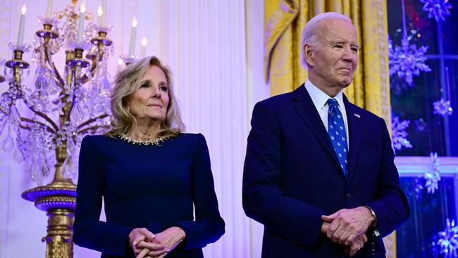 Joe and Jill Biden attend a Hanukkah holiday reception in the East Room of the White House. Picture: AFP