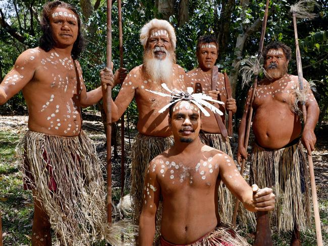 The Quinkan dancers will work with traditional owners to return the 2023 Laura Quinkan dance festival back to its traditional roots. Leelan Snider, Walter Snider, Zion Snider (crouching), Nash Snider and Joe Snider from Mona Mona will open next year's dance festival. Picture Brendan Radke