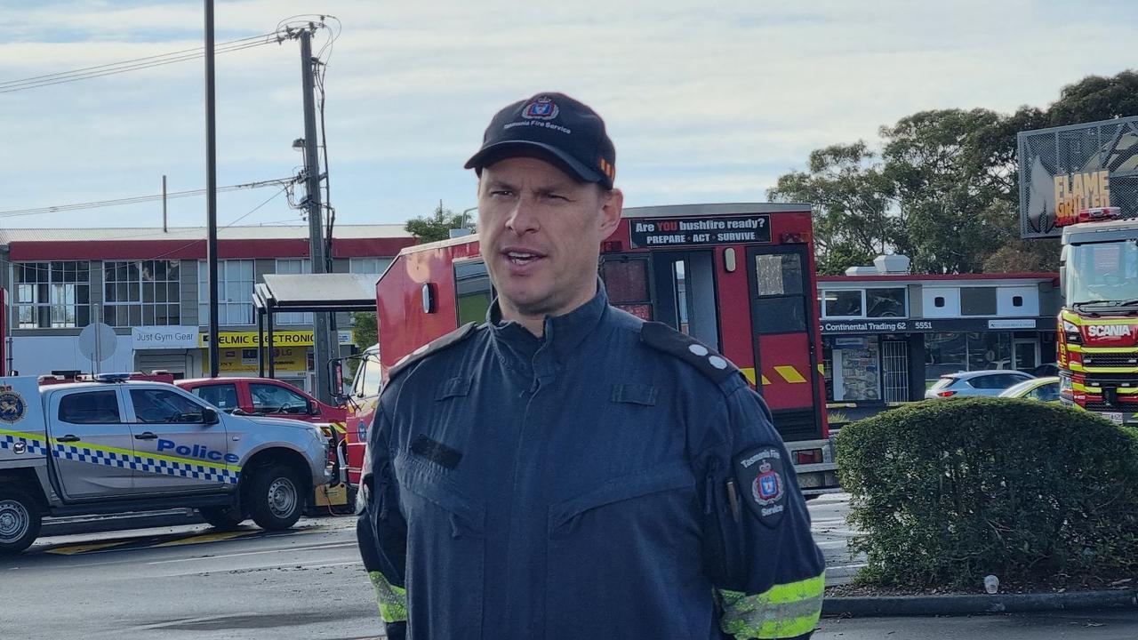 Tasmanian Fire Service regional fire investigator Tim McKay on the scene of the Hungry Jack's fire at Glenorchy. Picture: Elise Kaine