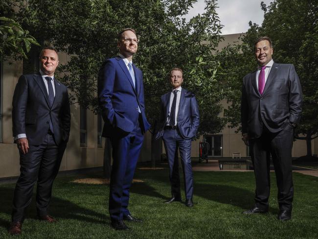 Portrait of young Liberal power brokers (L to R) James Paterson, Tim Wilson, Jason Falinski and Andrew Bragg at Parliament House in Canberra. Picture by Sean Davey