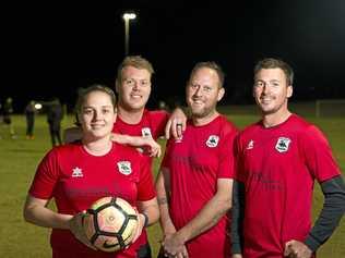 FINAL COUNTDOWN: Willowburn FC players (from left) Kiama Gray (Premier Women), Brenton Gietzel (Championship), Brad McMurray (Conference) and Brodie Welch (Premier Men) are ready to captain their teams in the Toowoomba Football League grand final matches tomorrow. Picture: Kevin Farmer