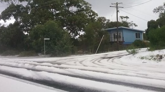 Roads blanketed with hail at Cape Paterson. Picture: Ionee Reid