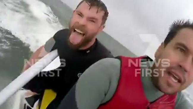 Actor Chris Hemsworth was champing at the bit to get into the big swells off the Gold Coast. Photo: Seven News Gold Coast