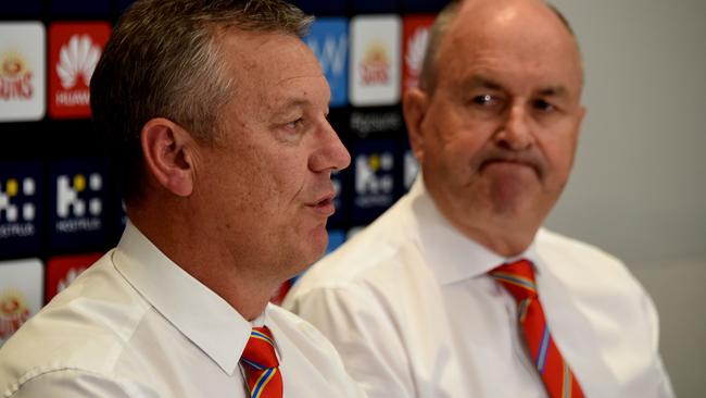 Gold Coast chief executive Mark Evans and chairman Tony Cochrane announce Rodney Eade will no longer be coach of the Suns. Picture: Steve Holland