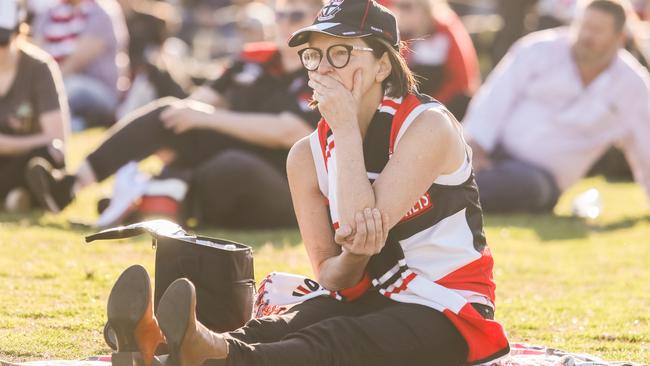 An emotional St Kilda Football club supporter at Danny Frawley's funeral service. Picture: Asanka Ratnayake/Getty Images