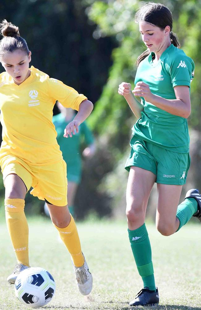 Football Queensland Community Cup carnival, Maroochydore. U13-14 girls, Sunshine Coast V Darling Downs. Picture: Patrick Woods.