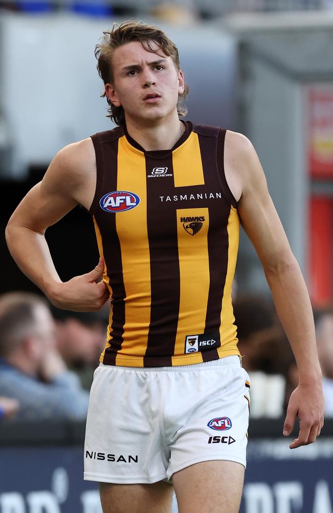 ‘Dad is always on my mind!’ Paul Dear’s son Calsher Dear, pictured on the ground playing for Hawthorn last month. Picture: Getty Images