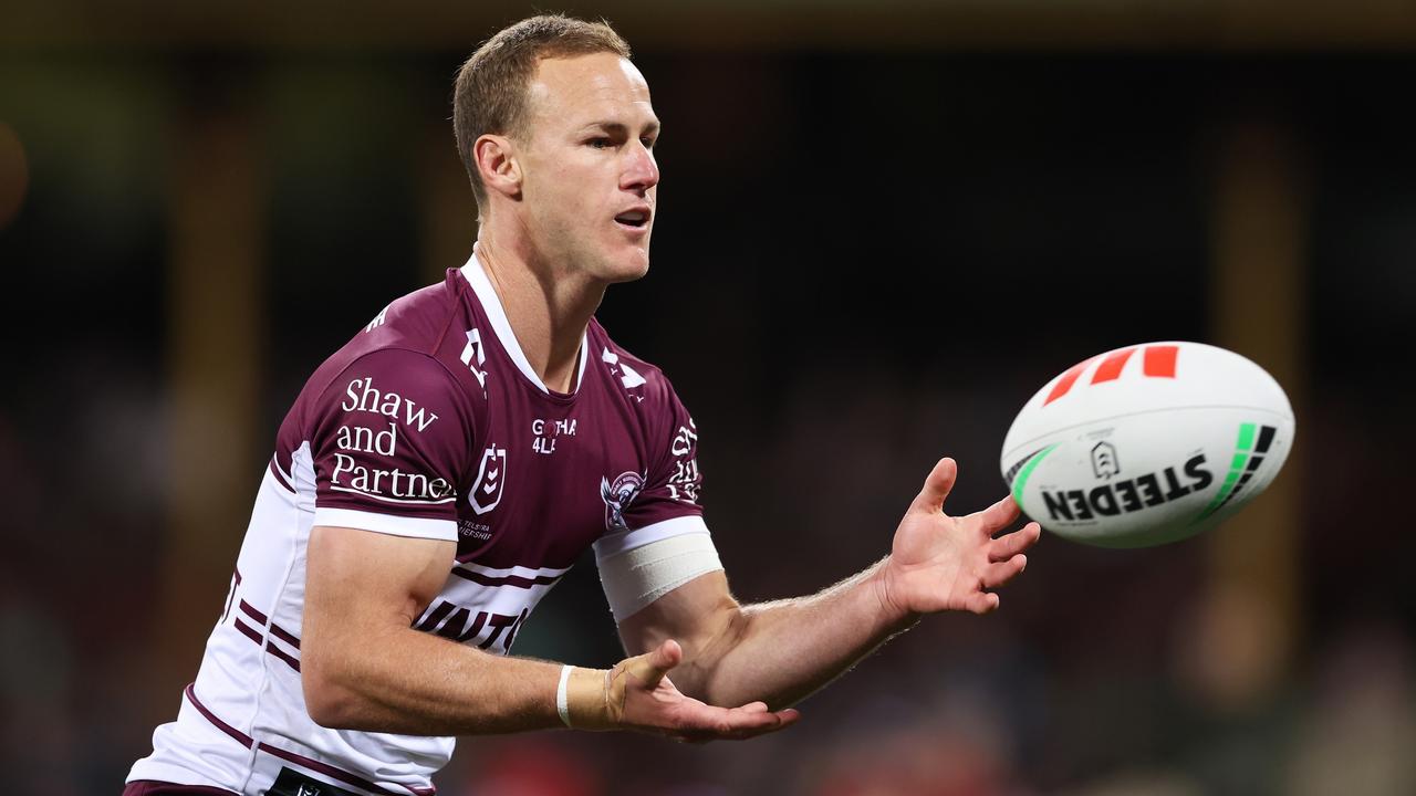 Daly Cherry-Evans of the Sea Eagles tales a pass during the round 23 NRL match between the Sydney Roosters and Manly Sea Eagles at Sydney Cricket Ground on August 03, 2023 in Sydney, Australia. (Photo by Matt King/Getty Images)