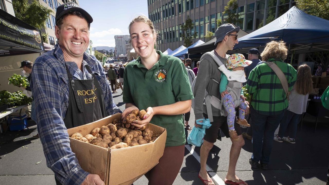 Farm Gate Market, Todd and Jasmine Rayner of Rock Hill Estate Ellendale with some fresh pink eye potatoes. Picture: Chris Kidd