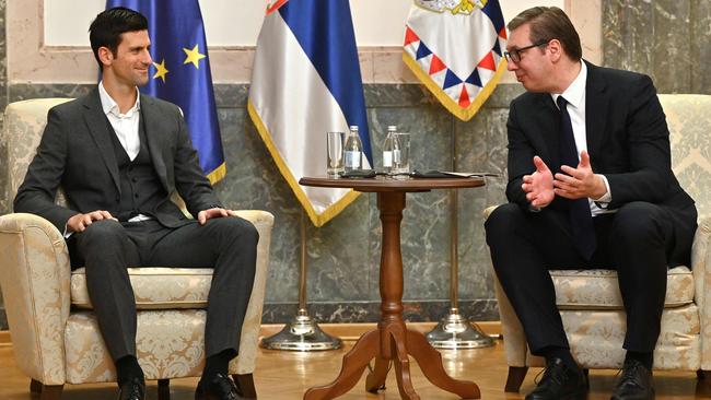 Novak Djokovic meets Serbian President Aleksandar Vucic in Belgrade. Picture: AFP