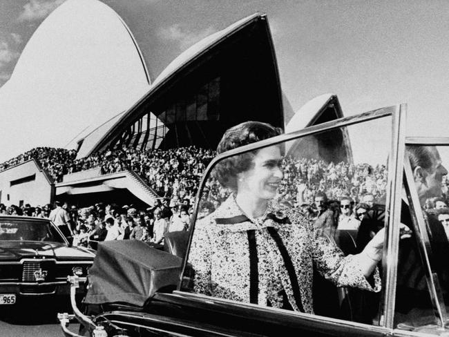 TAUS 60th Anniversary. 20-10-1973 - Queen Elizabeth pictured in front of crowds at the opening of the Sydney Opera House. This picture appeared on page 4 of The Australian on Monday, October 22, 1973.