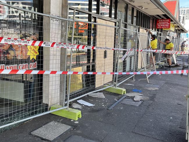 Businesses have been cordoned off in Footscray after a blaze ripped through a block of shops on Tuesday night. Photo taken 22/02/2023