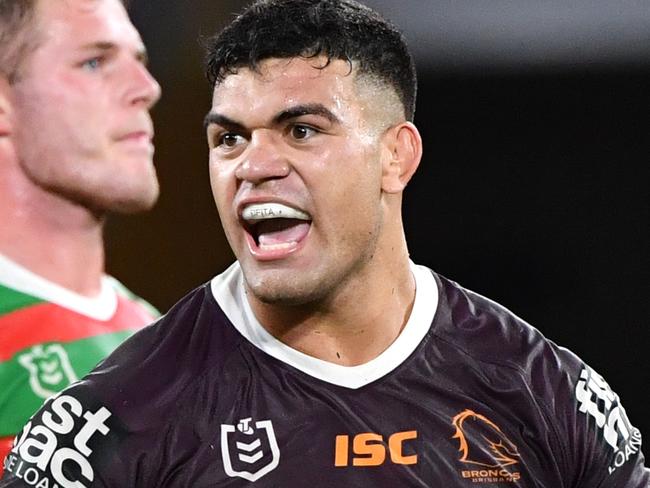 David Fifita (right) of the Broncos celebrates winning the round two NRL match between the Brisbane Broncos and South Sydney Rabbitohs at Suncorp Stadium in Brisbane, Friday, March 20, 2020. (AAP Image/Darren England) NO ARCHIVING, EDITORIAL USE ONLY