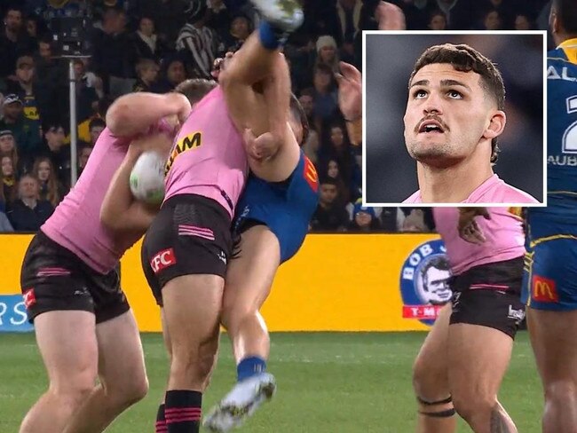 Penrith Panthers captain Nathan Cleary has been sent off for a dangerous lifting tackle on Parramatta five-eighth Dylan Brown.