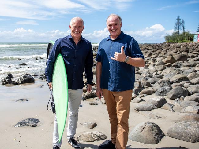 World Surf League Asia Pacific president, Andrew Stark, and Experience Gold Coast chief executive, John Warn. The Bonsoy Gold Coast Pro is set to take place between May 3 and 13 at Burleigh Heads. Picture: Tom Bennett.