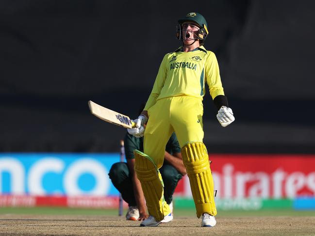 Rafael MacMillan of Australia celebrates following the ICC U19 Men's Cricket World Cup semi-final match between Australia and Pakistan. Picture: Matthew Lewis-ICC/ICC via Getty Images.