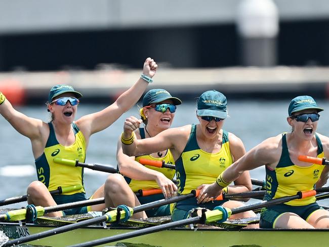 Tokyo , Japan - 28 July 2021; Australia rowers, from left, Ria Thompson, Rowena Meridith, Harriet Hudson and Caitlin Cronin celebrate after finishing 3rd place in the Women's Quadruple Sculls Final A at the Sea Forest Waterway during the 2020 Tokyo Summer Olympic Games in Tokyo, Japan. (Photo By Seb Daly/Sportsfile via Getty Images)