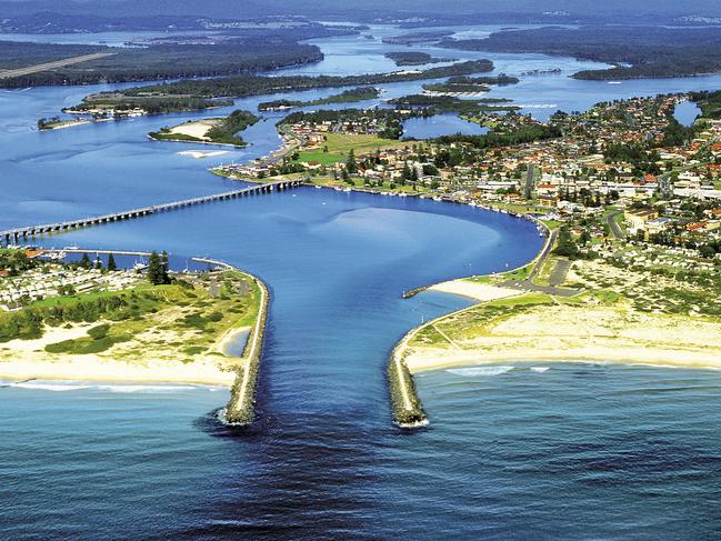 Aerial view of the mouth of Wallis Lake at Forster-Toncurry, Mid-North Coast of NSW. Pic NSW Tourism.