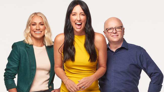 Mix102.3 Adelaide's The Ali Clarke Breakfast Show. l-r Erin Phillips, Ali Clarke and Eddie Bannon. Picture: Simon Vaughan