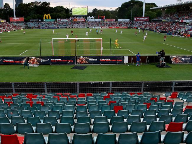 Empty seats where the Red and Black Block RBB normally sit during the A-League games.