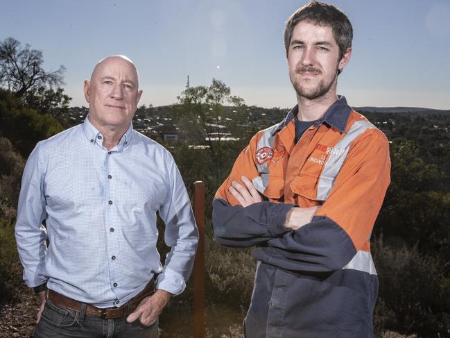 Eddie Hughes MP with his son Liam who works for One Steel at Hummock Hill, Whyalla on Wednesday April 7, 2021. Picture Simon Cross