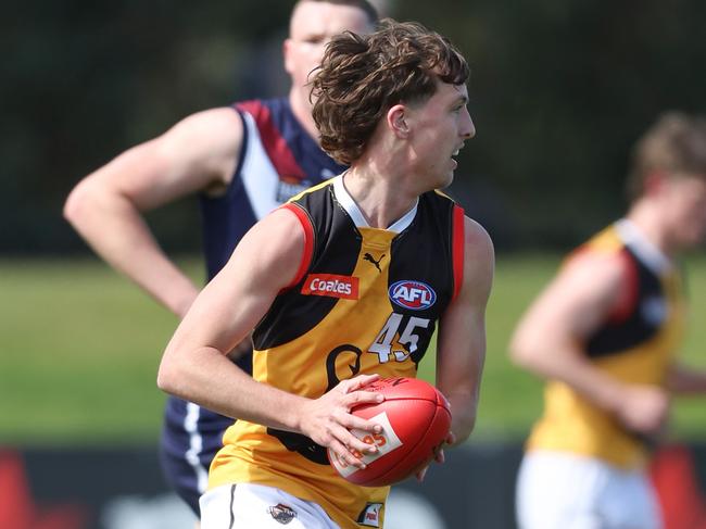 MELBOURNE, AUSTRALIA - SEPTEMBER 15: Elwood Peckett of the Stingrays in action during the 2024 Coates Talent League Boys First Preliminary Final match between the Sandringham Dragons and the Dandenong Stingrays at RSEA Park on September 15, 2024 in Melbourne, Australia. (Photo by Rob Lawson/AFL Photos)