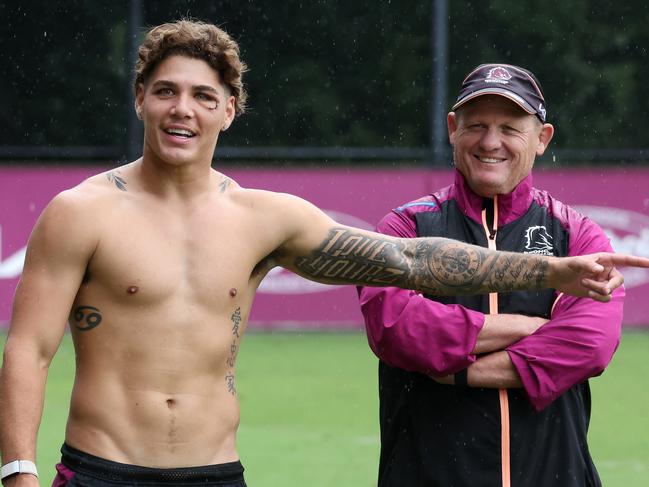 Coach Kevin Walters and Reece Walsh, Brisbane Broncos training, Red Hill. Picture: Liam Kidston