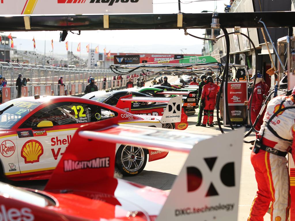 2019 Supercheap Auto Bathurst 1000, Virgin Australia Supercars Championship. Shell V-Power Racing, Ford Mustang GT during the morning practise session. Cars lined up in Pitt lane. Picture Rohan Kelly