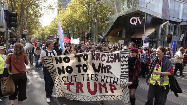 Pro-Palestine activists flooded Melbourne CBD in protest of Trump’s America, calling the President a ‘symbol of racism’. Picture: Valeriu Campan