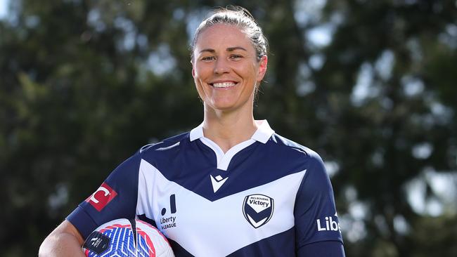 Melbourne Victory star Emily Gielnik is among players calling for the A-League Women to become a fully professional competition. Picture: Kelly Defina / Getty Images