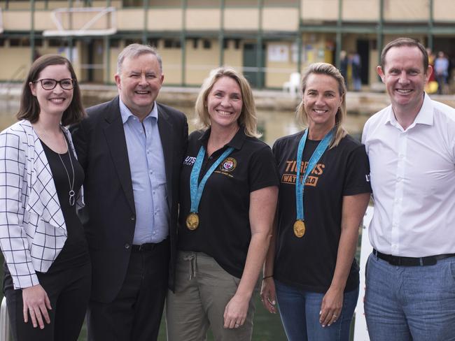 Labor candidate for Balmain Elly Howse, Grayndler federal Labor MP Anthony Albanese, water polo gold medalists Taryn Woods and Bronwyn Smith and Cr Byrne.