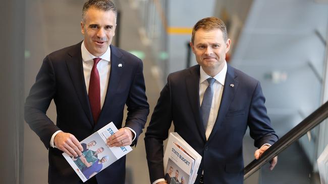 SA Premier Peter Malinauskas and Treasurer Stephen Mullighan on their way to the Adelaide Convention Centre to deliver the state budget. NCA NewsWire / David Mariuz