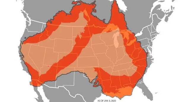 America's ABC initially tweeted this exaggerated map "showing the scale of the fires". Picture: Twitter