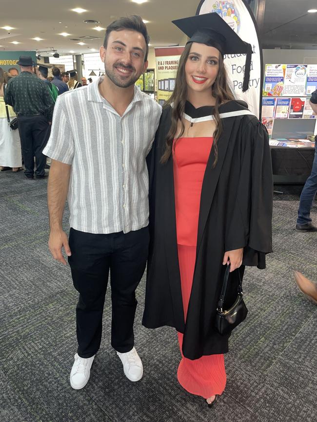 Nathan Tutton and Eliza Bel (Bachelor of Physiotherapy) at the Federation University Churchill Campus graduations on Tuesday, March 25, 2025. Picture: Jack Colantuono
