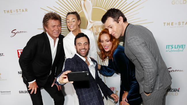 Nomination party host Richard Wilkins (left) and Gold Logie nominee Rodger Corser (right) with MAFS stars Heidi, Cam and Jules. Picture: Nigel Hallett