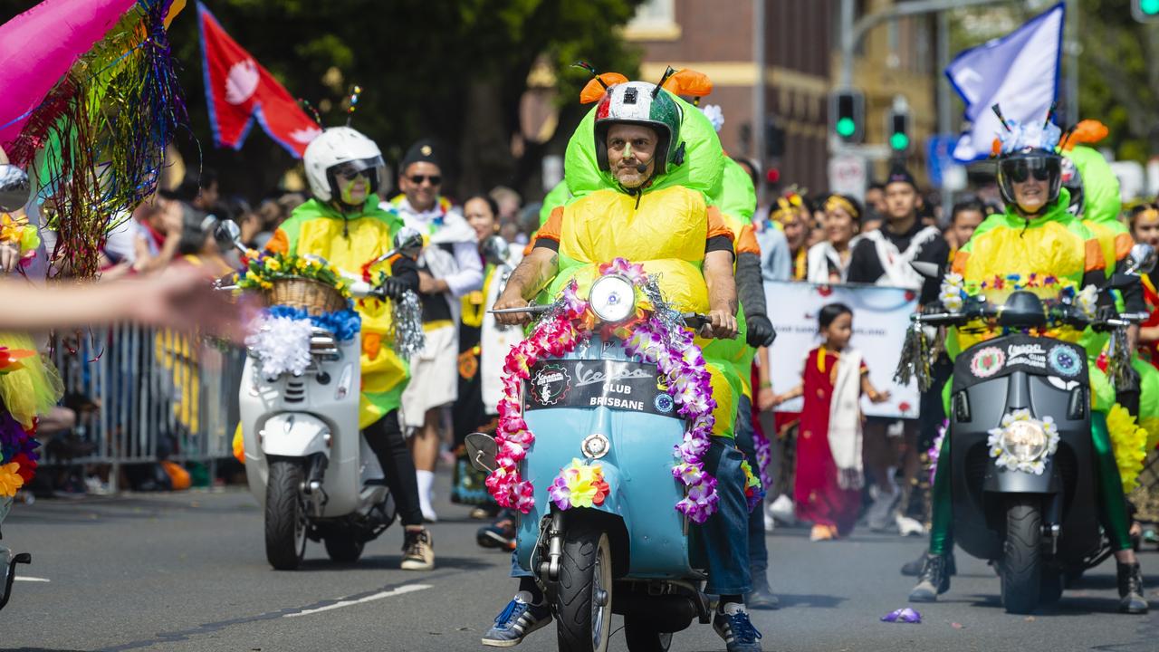 Vespa Club of Brisbane entry in the Grand Central Floral Parade of Carnival of Flowers 2022, Saturday, September 17, 2022. Picture: Kevin Farmer