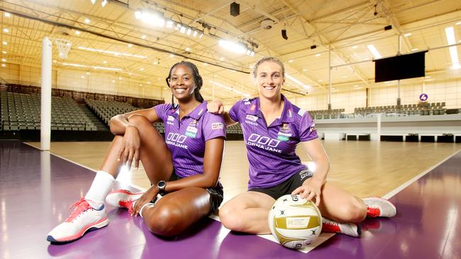 Romelda Aiken and Gabi Simpson check out the new Firebirds stadium.