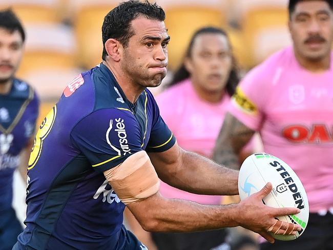 BRISBANE, AUSTRALIA - AUGUST 01: In this handout image provided by NRL Photos Dale Finucane of the Storm in action during the round 20 NRL match between the Melbourne Storm and the Penrith Panthers at Suncorp Stadium, on August 01, 2021, in Brisbane, Australia. (Photo by Handout/NRL Photos via Getty Images )