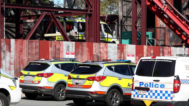 Police and emergency service vehicles at Dreamworld on the day of the tragedy. Photo: Regi Varghese