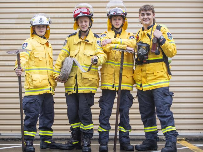 Riley Munro, Flyn Morgan (Grose Vale brigade), Michael Buckett and Finn McKinnon. At 17 years old Flyn is a fully accredited member of his local brigade, while his three younger classmates at Colo High School are undergoing basic training at Kurrajong. Picture: Jeremy Piper