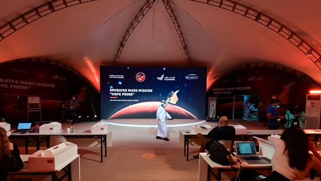 People wait for the launch of the ‘Hope’ Mars probe at the Mohammed Bin Rashid Space Centre in Dubai. Picture: AFP