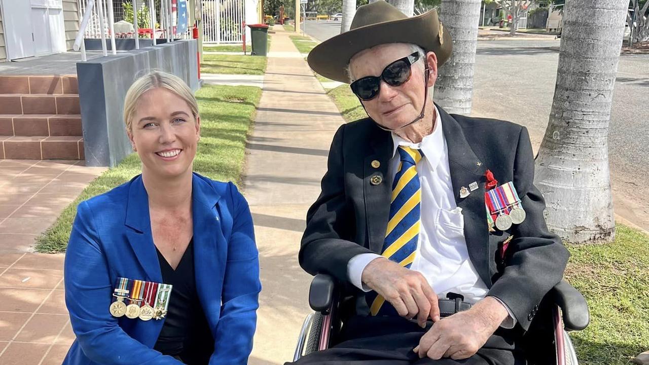 World War II veteran William Wallace Mervyn Bruce, pictured with Isaac Regional Council Deputy Mayor Kelly Vea Vea at the 2023 Anzac Day service in Nebo. Picture: Kelly Vea Vea