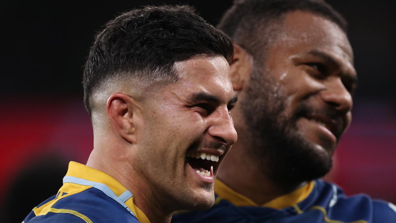 SYDNEY, AUSTRALIA - SEPTEMBER 16: Dylan Brown of the Eels and Maika Sivo of the Eels celebrate after winning the NRL Semi Final match between the Parramatta Eels and the Canberra Raiders at CommBank Stadium on September 16, 2022 in Sydney, Australia. (Photo by Mark Kolbe/Getty Images)