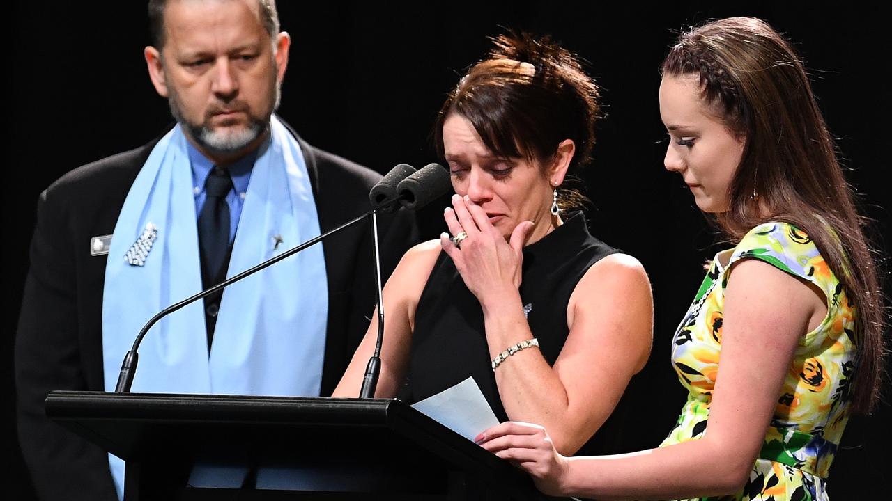 Susie Forte speaks at her husband’s funeral in Toowoomba. Picture: Dan Peled