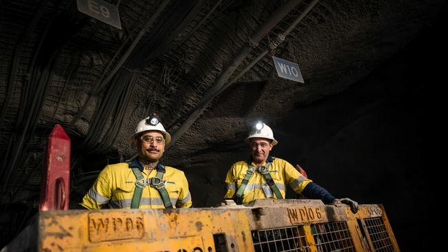 Workers Robert Russell, left, and Lucas Chapman underground at the Cadia mine operated by Newmont, near Orange NSW. Picture: Newmont