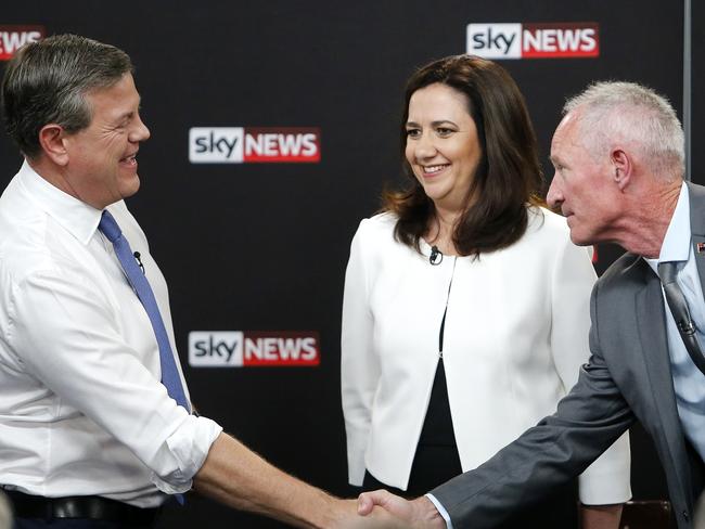 Tim Nicholls (LNP), Annastacia Palaszczuk (ALP) and Steve Dickson (One Nation) pictured during the Sky News, Courier Mail leaders forum at the Broncos Leagues Club with Annastacia Palaszczuk (ALP), Tim Nicholls (LNP) and Steve Dickson (One Nation) ahead of the 2017 Queensland State Election.  Brisbane 16th of November 2017.  (AAP Image/Josh Woning)