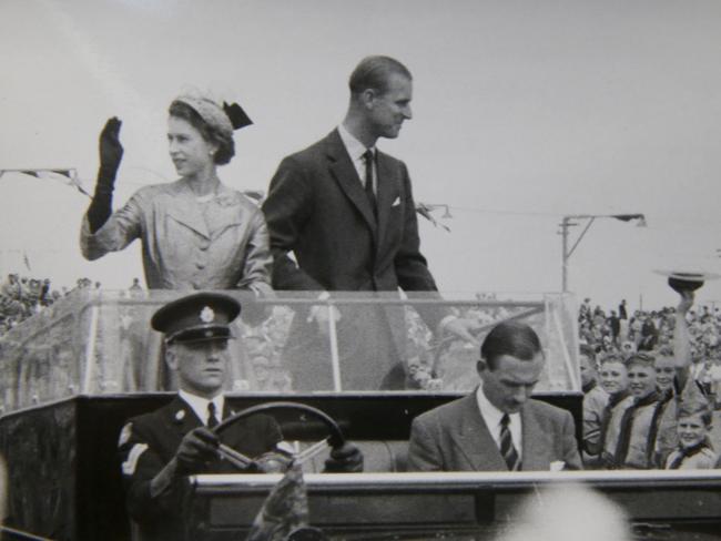 Queen Elizabeth II and Prince Philip in an open car in Port Lincoln during their South Australian visit in March, 1954. .