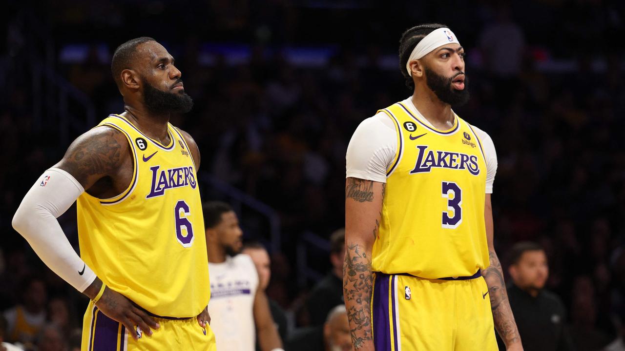 LOS ANGELES, CALIFORNIA - MAY 22: LeBron James #6 and Anthony Davis #3 of the Los Angeles Lakers react to a Laker foul during the third quarter against the Denver Nuggets in game four of the Western Conference Finals at Crypto.com Arena on May 22, 2023 in Los Angeles, California. NOTE TO USER: User expressly acknowledges and agrees that, by downloading and or using this photograph, User is consenting to the terms and conditions of the Getty Images License Agreement. Harry How/Getty Images/AFP (Photo by Harry How / GETTY IMAGES NORTH AMERICA / Getty Images via AFP)