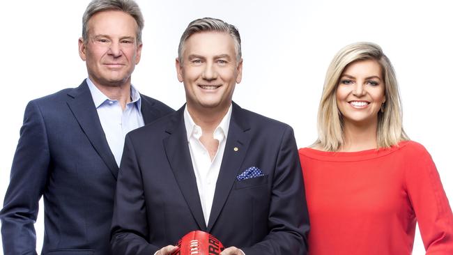 Rebecca Maddern hosted The Footy Show for Nine alongside Sam Newman and Eddie McGuire.